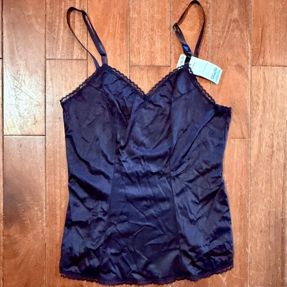 NWT! Vintage Vanity Fair Camisole Cami Slip Top Black Nylon Lace Women Sz S 32